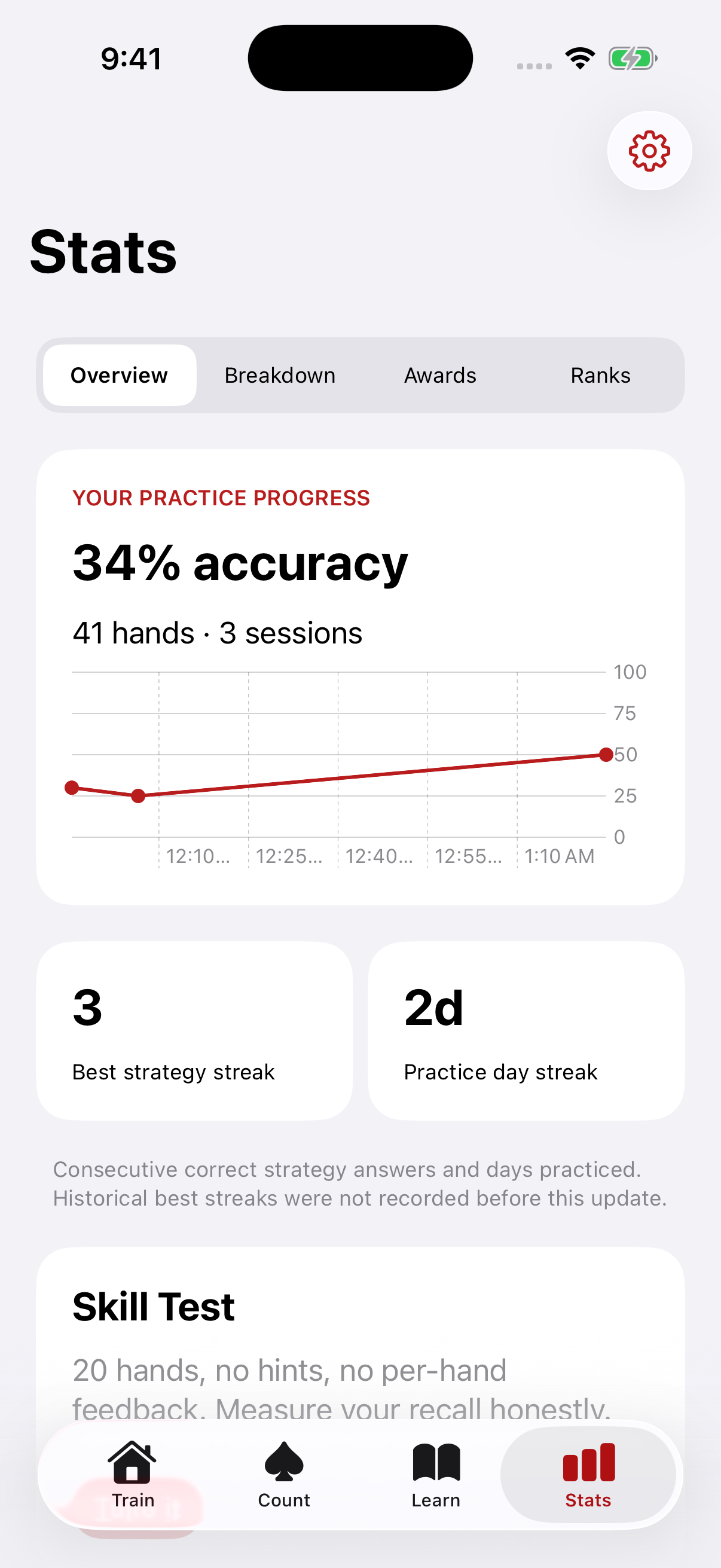Actual Casino AI Stats test-build screen